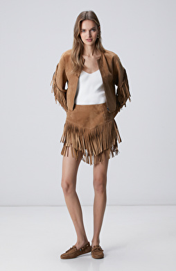 Camel Püsküllü Süet Deri Etek