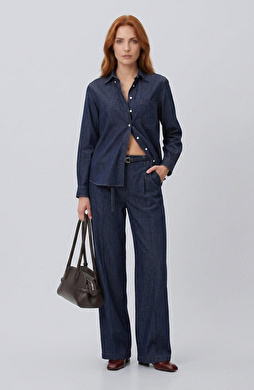 Lacivert Ütü İzli Wide Straight Denim Pantolon