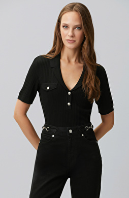 Black V Polo Collar Buttoned Short Sleeve Sweater