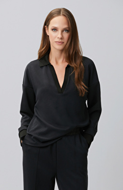 Siyah Modal Karışımlı Ribanalı Sweatshirt