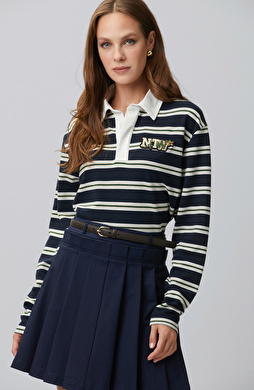 Lacivert Beyaz Çizgili Polo Sweatshirt