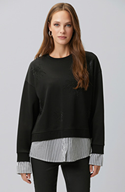Siyah Taş Detaylı Dokuma Garnili Sweatshirt