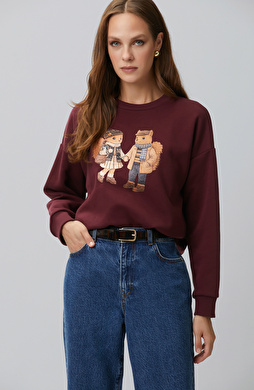 Bordo Sincap Figürlü Baskılı Sweatshirt