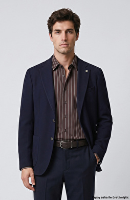 Slim Fit Lacivert Diyagonal Desen Yün Mix Ceket