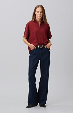 Indigo Mid Waist Wide Leg Ütü İzli Denim Pantolon