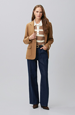 İndigo Mid Waist Wide Leg  Ütü İzli Denim Pantolon