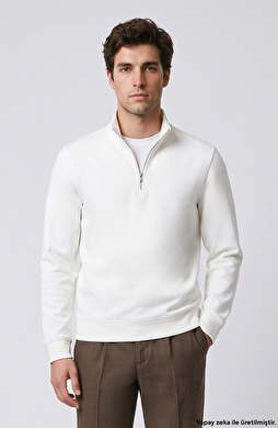 Kırık Beyaz İçi Kaşkorse Detaylı Sweatshirt