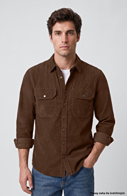 Slim Fit Haki Pamuklu Fitilli Kadife Gömlek