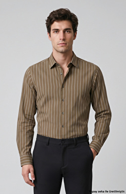 Haki Slim Fit Çizgili Gömlek