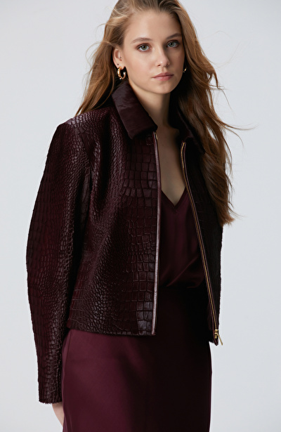 Limited Vişne Kroko Desenli Deri Mont