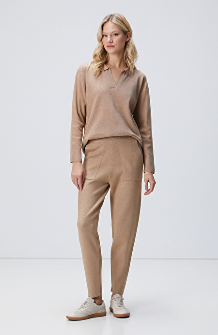 Camel Örgü Triko Pantolon