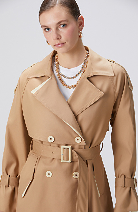 Bej Kruvaze Trench Coat