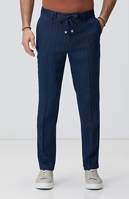 Lacivert Keten Karışımlı Pantolon_1