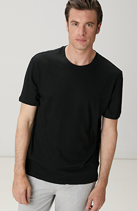 Siyah Keten Karışımlı T-shirt_1