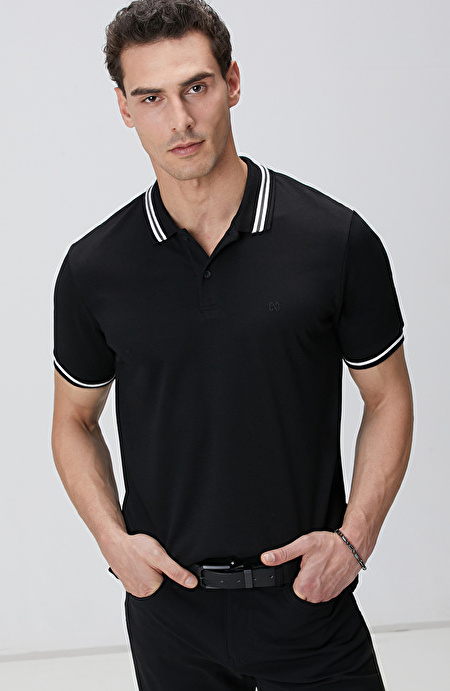 Siyah Polo Yaka Örme T-shirt_1