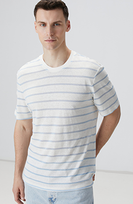 Kırık Beyaz Mavi Keten Karışımlı T-shirt_1