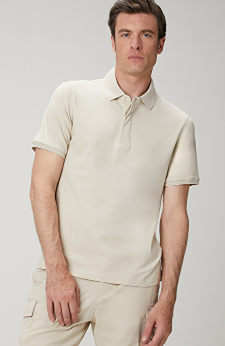 Bej Polo Yaka Gizli Patlı Desenli T-shirt_1