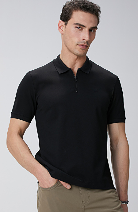 Siyah Polo Yaka Örme T-shirt_1