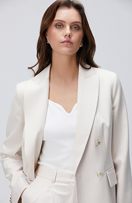 Bej Çizgili Blazer Ceket_1