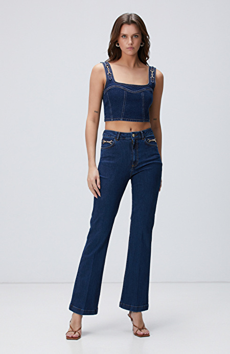 Indigo Aksesuarlı Denim Pantolon