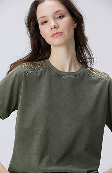 Haki Omuz Taş Detaylı T-shirt_1