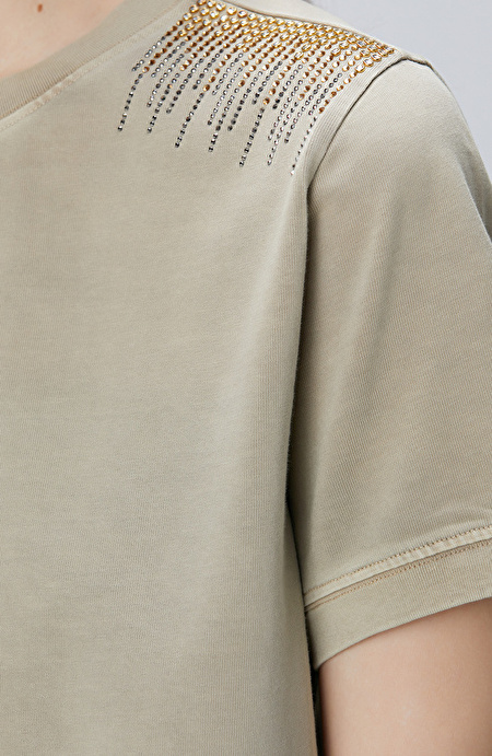 Bej Omuz Taş Detaylı T-shirt_5