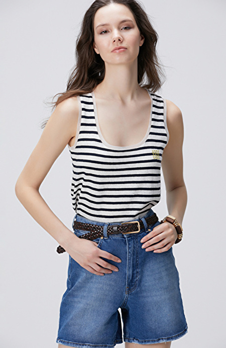 Lacivert Beyaz Keten Karışımlı T-shirt_3