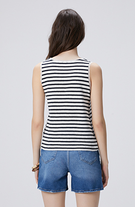 Lacivert Beyaz Keten Karışımlı T-shirt_4