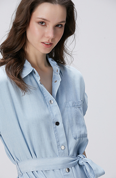 Açık Mavi Midi Denim Elbise_1