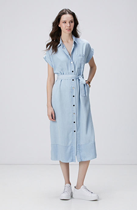 Açık Mavi Midi Denim Elbise_2