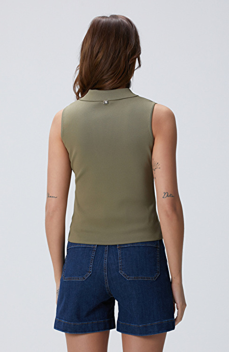 Açık Haki Basic Polo Yaka Triko_4