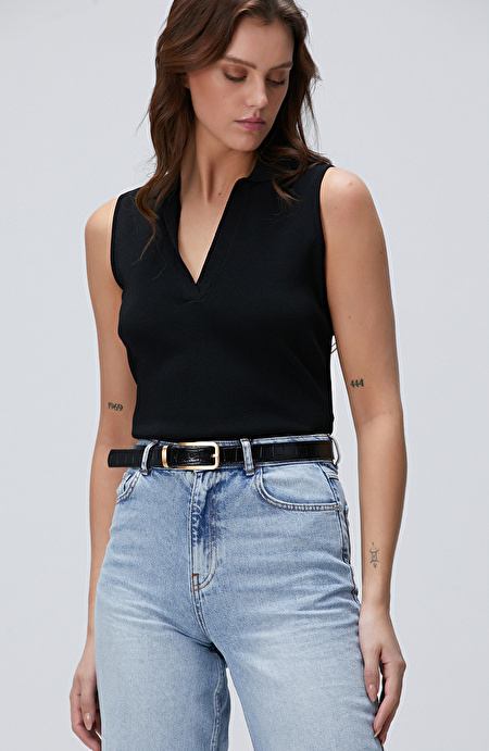Siyah Basic Polo Yaka Triko_3