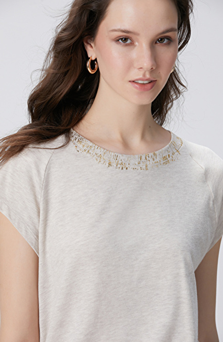Bej Melanj Varak Baskılı T-shirt_1