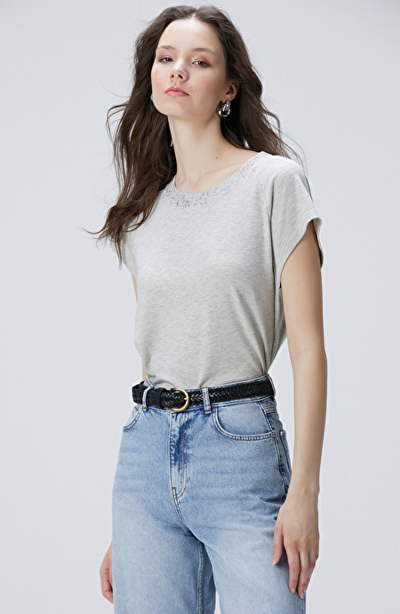 Gri Melanj Varak Baskılı T-shirt_3