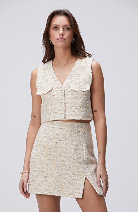 Limited Açık Bej Tweed Desenli Yelek_3