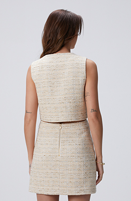 Limited Açık Bej Tweed Desenli Yelek_4