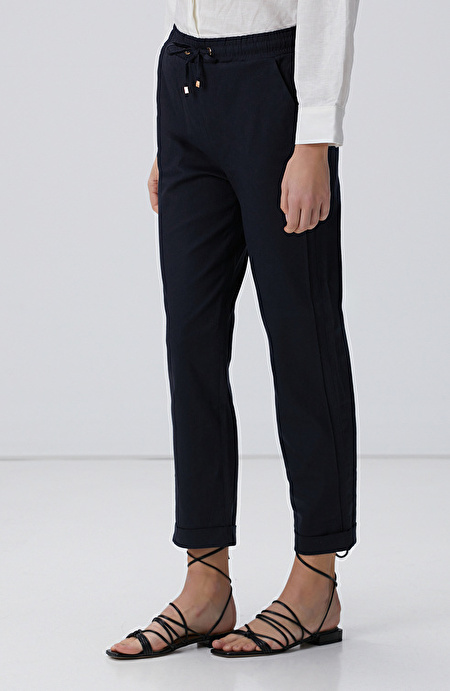 Lacivert Keten Karışımlı Casual Pantolon_2