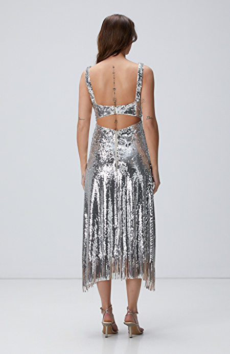 Silver Payetli Midi Abiye Elbise_4