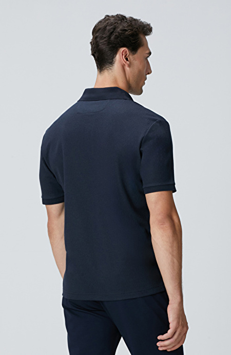 Lacivert Polo Yaka Düğmeli Jakarlı T-shirt_4
