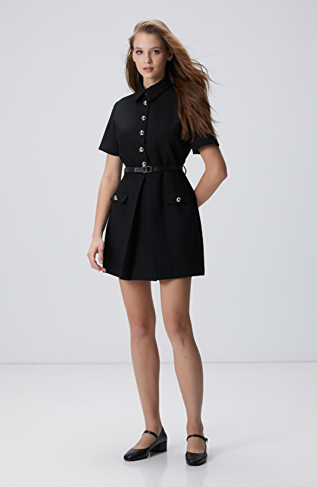 Siyah Kemerli Mini Elbise_3