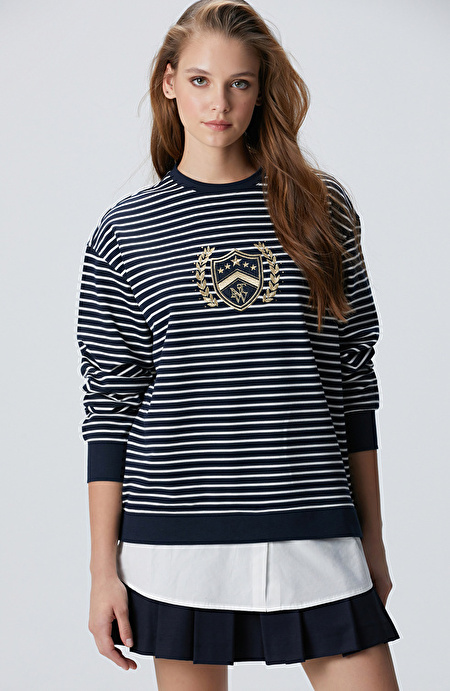 Lacivert Beyaz Dokuma Garnili Sweatshirt
