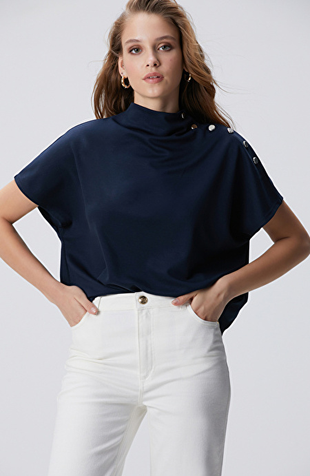 Lacivert Çıtçıt Detaylı T-shirt_2