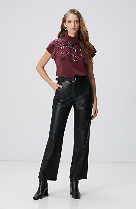 Bordo Payet İşlemeli T-shirt_2