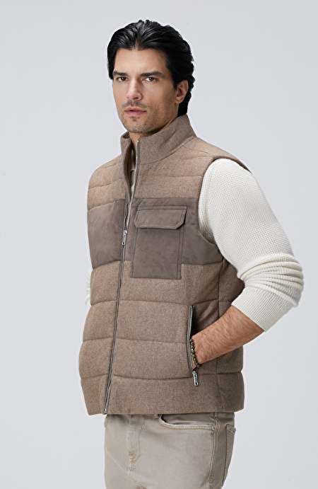 Bej Yün Karışımlı Flanel Casual Yelek_6