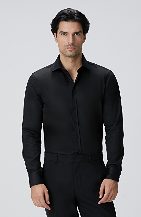Slim Fit Siyah Pamuk Saten Gömlek