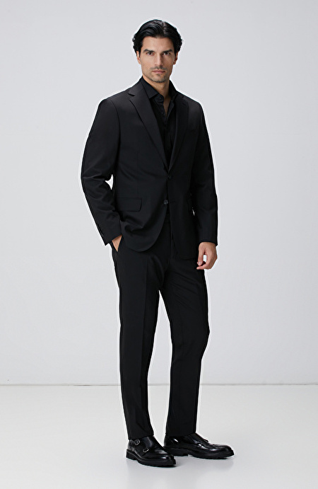 Slim Fit Siyah Pamuk Saten Gömlek_2