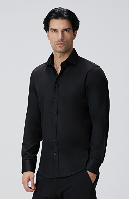 Slim Fit Siyah Pamuk Saten Gömlek_3