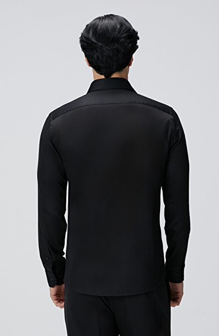 Slim Fit Siyah Pamuk Saten Gömlek_4