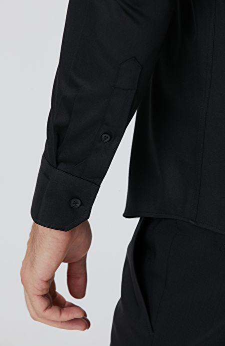 Slim Fit Siyah Pamuk Saten Gömlek_6
