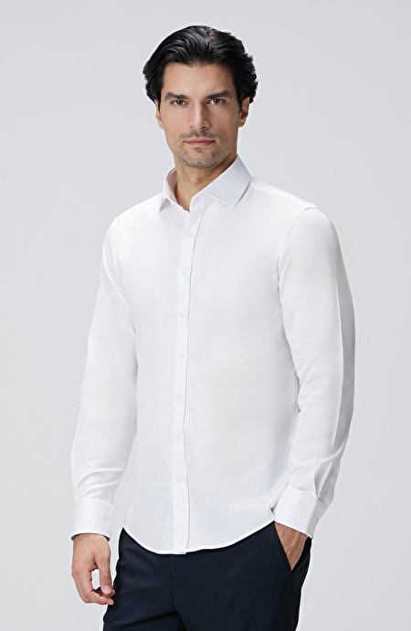 Slim Fit Beyaz Pamuk Saten Gömlek_4